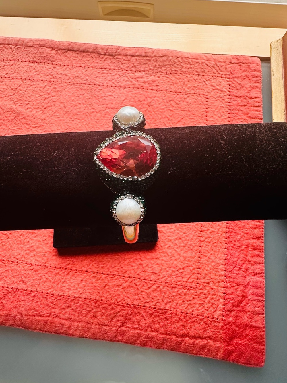 Red Crystal and Pearl Accent Cuff Bracelet